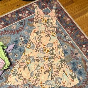 Lulu's Pale Pink Floral Leaf Print Midi Dress